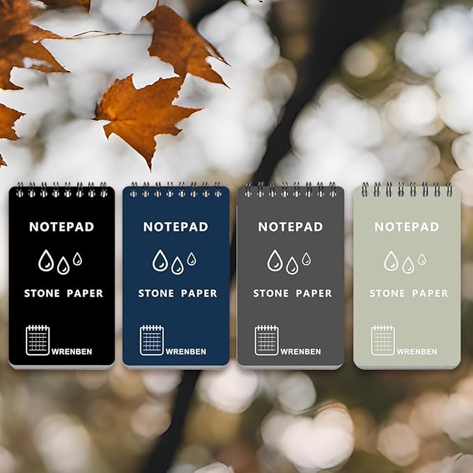4 Pack Weatherproof Spiral Notepads A7 Waterproof Stone Paper Pocket Notebooks, Grid Pattern, Hard Cover with IN & CM Scales, Small All Weather Steno Pads for Travel, Field (3" x 5", Grey)