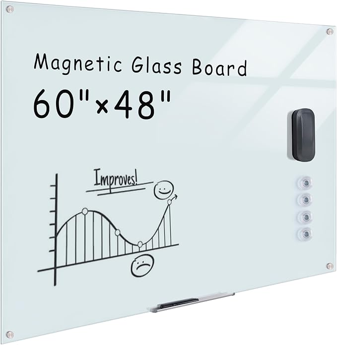 Magnetic Glass Whiteboard,60"x48" Wall Mounted Frameless Dry Erase Board for Office, Home & School White