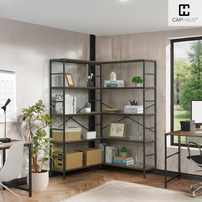 CAPHAUS L-Shaped Bookshelf, 5 Tier Industrial Corner Bookcase, Tall Corner Shelf with Metal Frame, Wooden Board, Open Display Shelf for Living Room, Bedroom, Home and Office,White