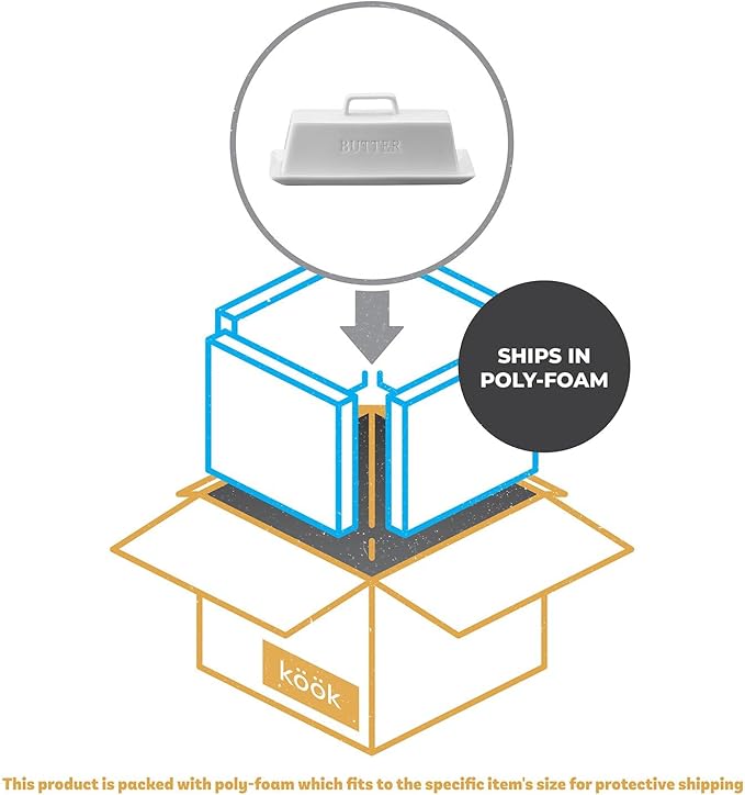 Butter Dish with Lid, by Kook, Butter Dish with Lid for Countertop, Ceramic, Butter Tray, Kitchen Butter Keeper, Butter Container, Butter Holder, Holds 1 Stick, Microwave and Dishwasher Safe, White