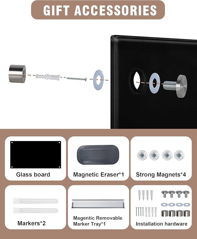 Magnetic Glass Whiteboard,60"x48" Wall Mounted Frameless Dry Erase Board for Office, Home & School Black