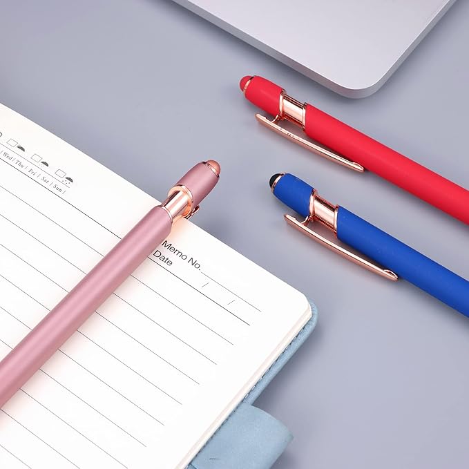 12 PCS 2 in 1 Stylus Ballpoint Pen with Stylus Tip, 1.0 mm Black Ink Metal Pen Stylus Pen for Touch Screens (Rose glod & 6 Colors)