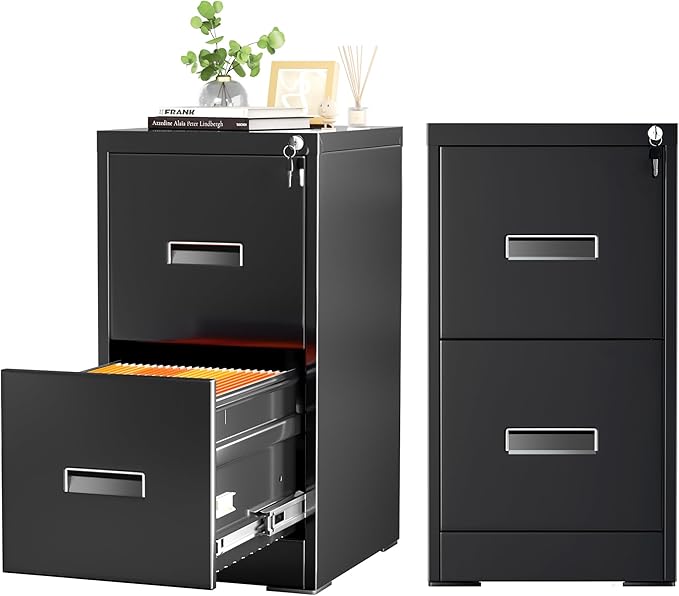 INTERGREAT 2 Drawers File Cabinet with Lock, 18" D Metal Black Vertical Filing Cabinet for Hanging Folders, Easy Assemble