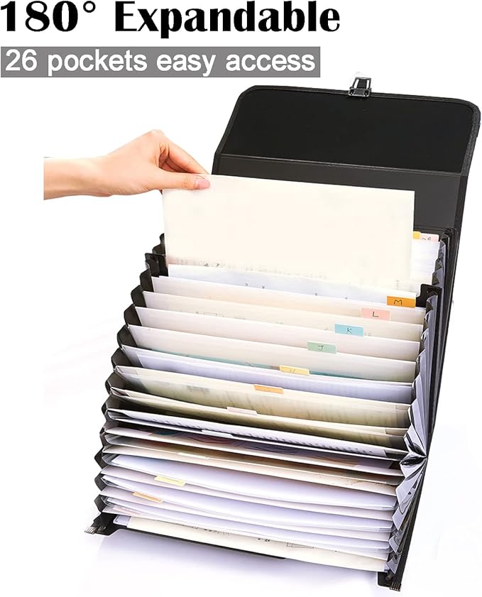 25 Pockets Letter Size/A4 Accordion File Organizer with Handle, TRANBO Expanding File Folder, Expandable Document Paper Organizer for Travel School Office - 1 Pack
