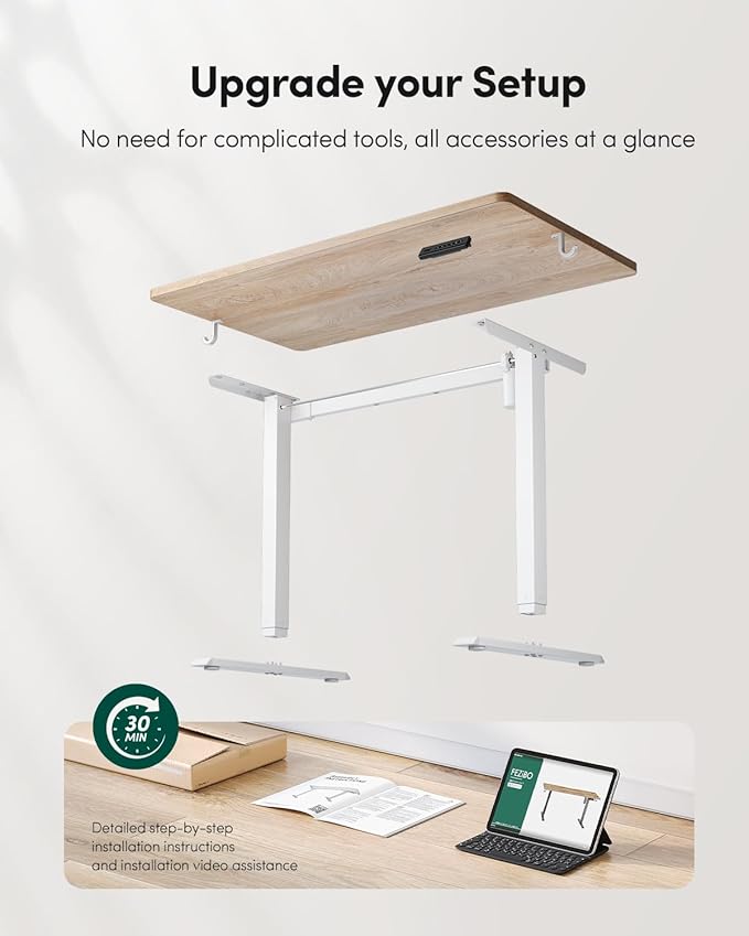 FEZIBO One-Piece Standing Desk Adjustable Height Stand up Home Office Desk, 32x24 Inch Electric Standing Computer Desk, with 4 Memory Presets, Fixable casters, Light Rustic