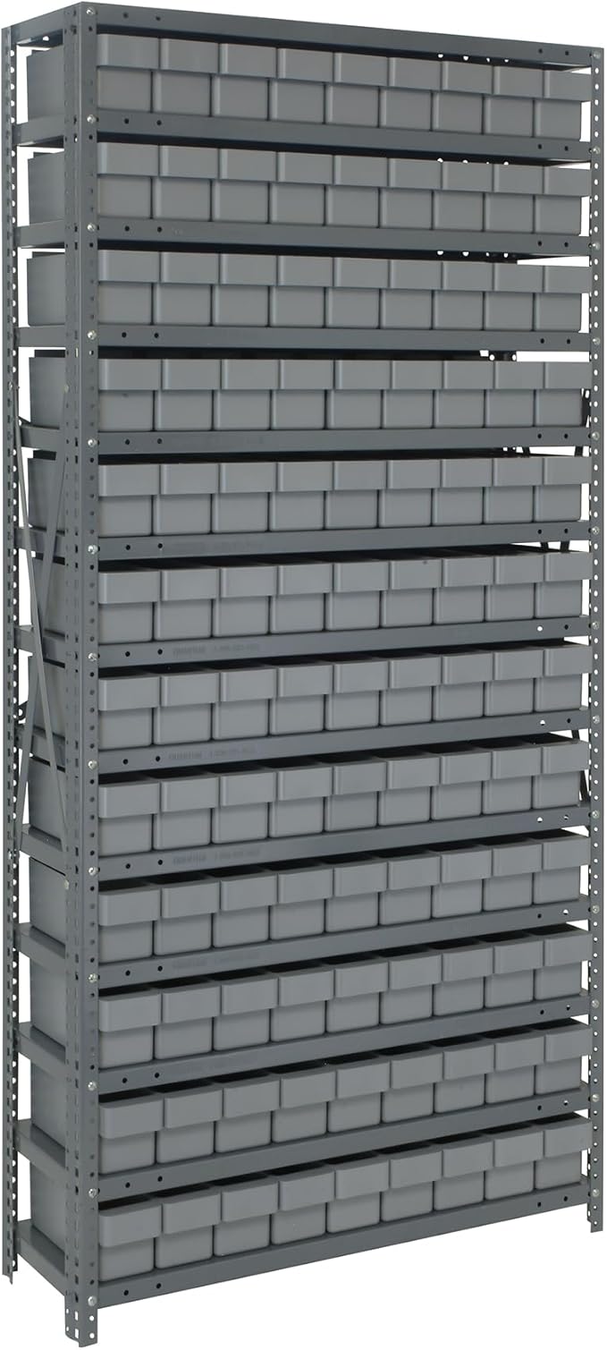 Quantum Storage Systems 1875-604GY Solid Heavy Duty 13 Shelves 108 Super Tuff Euro Gray Bins 75" H x 36" W x 18" D