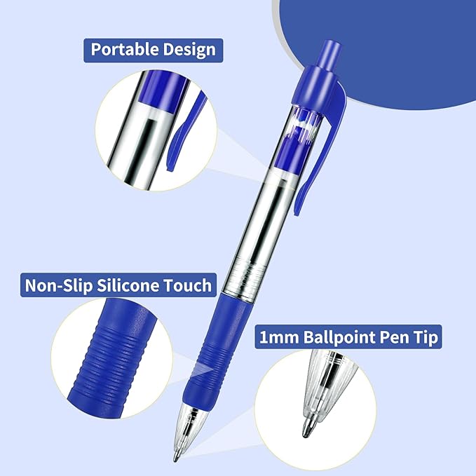 Blcculi 200 Pack Retractable Ballpoint Pens Bulk,1.0 mm Medium Point Pen,Blue Gel Ink Pens,Smooth Writing Pens with Comfortable Grip for Office Supplies Journal Writing (Blue Ink)