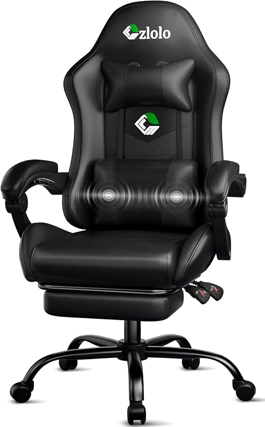 Gaming Chair, Ergonomic Office Computer Chair with Footrest and Lumbar Support Massager Racing Style High Back Video Gamer Chair, Wide&Thick Cushion, 90°-135° Recline, Adjustable Height, Black