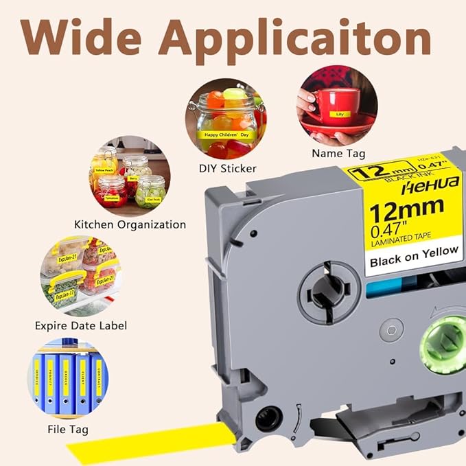 Hehua Tape Tze Tz 12mm 0.47 Black on Yellow Laminated Compatible for Brother TZe-631, TZe631 TZ-631 Label Maker Tape Compatible for Brother Ptouch Tape 12mm 0.47 Yellow for PT-D200, 3 Pack