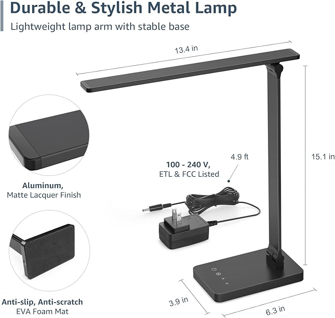 Lepro LED Desk Lamp with USB Charging Port Dimmable Home Office Touch Control Reading Table Lamp,3 Color Modes with 5 Brightness Level,College Dorm Room Essentials, Eye Caring, Sewing, Crafting, Black