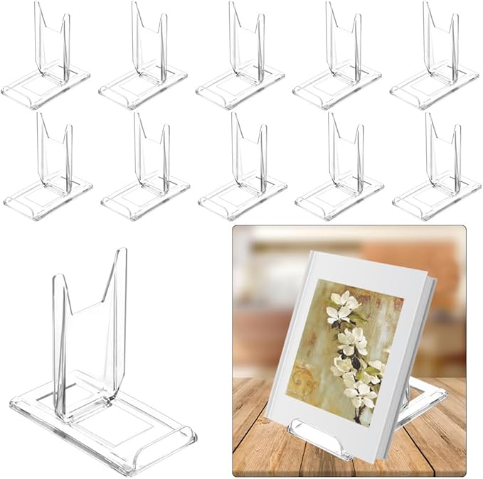 (10 Pack )Acrylic Book Stand for Display Adjustable Clear Display Holder Easel Collector Stand for Home Office Back to School Comic Album CD Magazine Postcard Artworks (4.2 x 4.3 x 2.35 Inch)