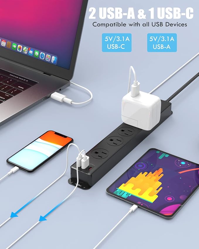 Surge Protector Power Strip with USB C Ports, 5FT Braided Extension Cord, 5 Outlets and 3 USB Ports(1 USB C), AUOPLUS Mountable Power Strips Flat Plug with Overload Protection