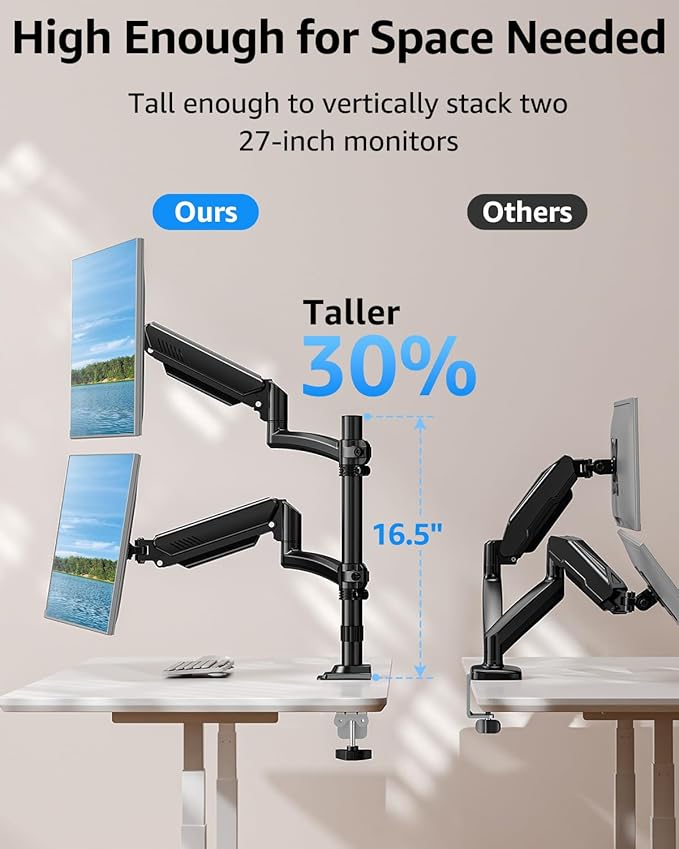 Dual Monitor Stand Holds 4.4-22 lbs Each, Dual Monitor Mount Height up to 26.6 inch, Gas Spring Monitors Arm for Max 32 inch Computer, VESA Mount with C-clamp & Grommet Mounting, Freelift Black
