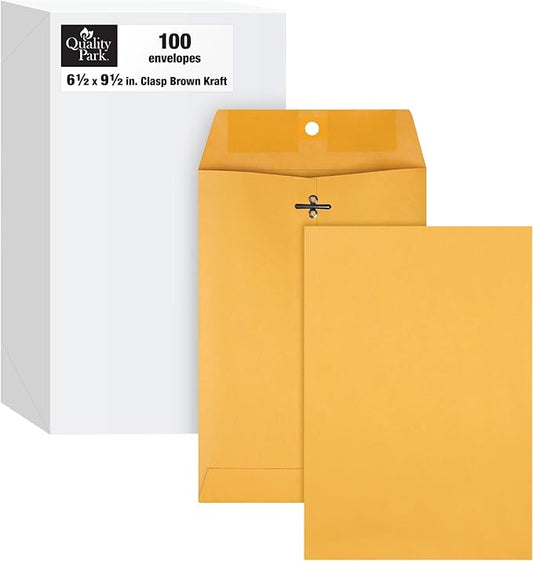 Quality Park 6-1/2 x 9-1/2 Clasp Envelopes, Clasp and Gummed Closures for Storing or Mailing, Heavy-Duty 32 lb Kraft Paper, 100 Per Box (QUA37763)