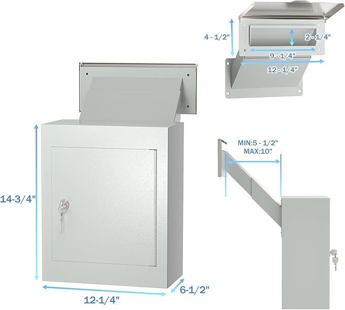 Pochar Through The Wall Drop Box with Lock - Wall Mailbox with Rainproof Cover & 10inch Adjustable Chute - Heavy Duty Locking Key Drop Box Deposit Safe for Mail, Rent, Cash, Payment (Off-White)
