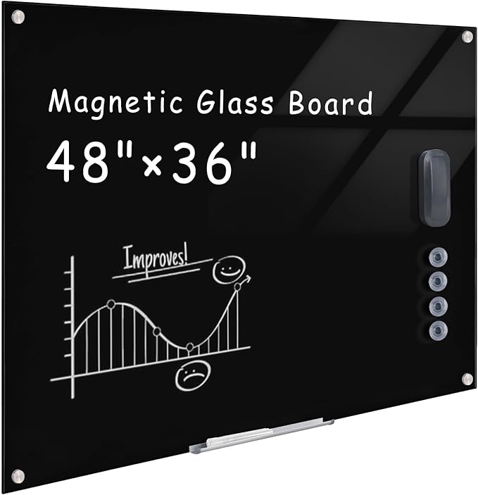 Magnetic Glass Whiteboard,48"x36" Wall Mounted Frameless Dry Erase Board for Office, Home & School Black