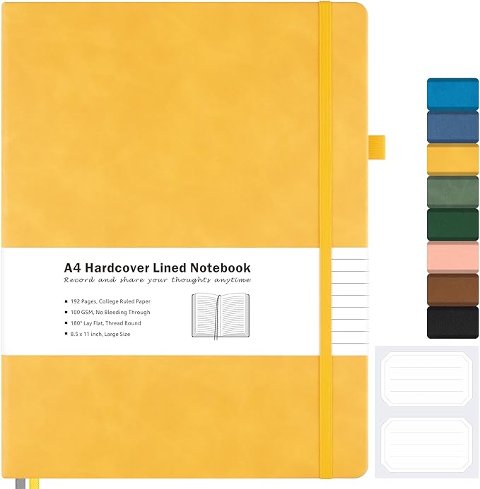 College Ruled Notebook, A4 Hardcover Leather Notebook for Work, Lined Notebook Journal for Women, Men, 192 Thick Paper, 8.5" x 11", Large Notebook with Pockets, Professional Business Notebook, Yellow