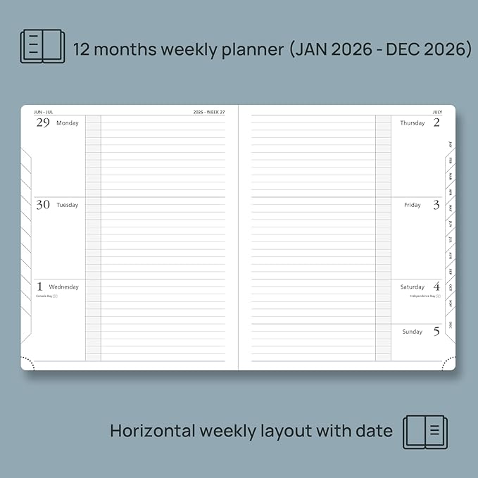 POPRUN Weekly Planner 2026 Calendar (Large 8.5" x 10.5") 12 Months Notebook with Horizontal Layout, Leather Hardcover, Inner Pocket, 100GSM Thick Paper, Pen Holder - Pacific Green