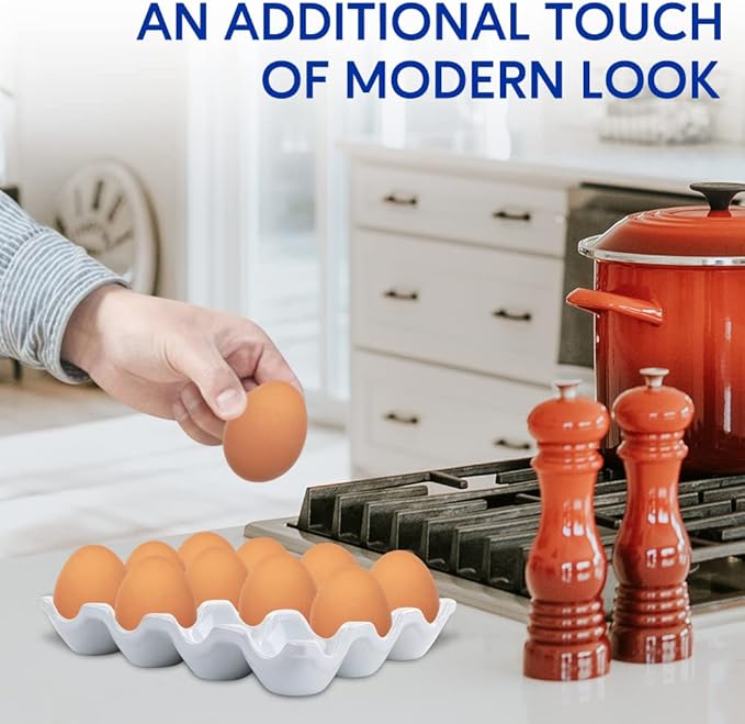Ceramic Egg Tray Holder 12 Cups Whole Dozen Porcelain Eggs Container Crate Keeper for Countertop Kitchen Storage Fridge Decorative Serving Display