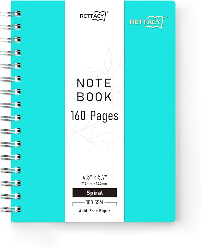 RETTACY Pocket Journal Notebook, 160 Lined Pages, A6 Mini Small Size (4.5" × 5.7"), for Work, Journaling, Writing, 100 GSM Thick Paper, Spiral-bound, Flexible Plastic Cover (Tiffani Blue)