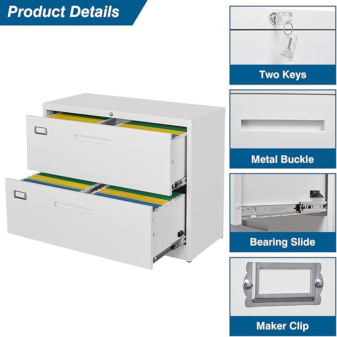 2 Drawer File Cabinet, Lateral Filing Cabinets for Home Office, Office Storage Drawers with Lock, Hanging Files Legal/Letter A4 Size (Assemble Required,White)