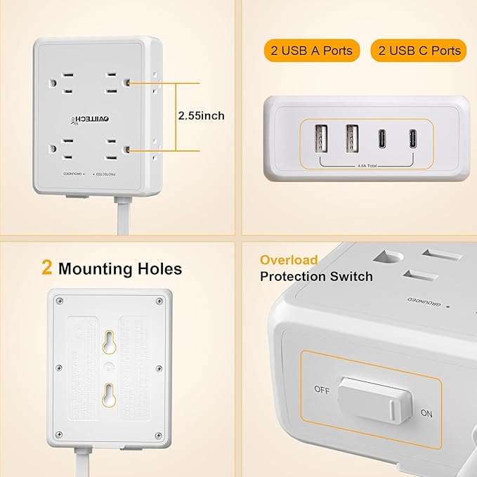 Surge Protector Flat Extension Cord Power Strip 6Ft, 8 Outlets with 4USB Ports (2 USB-C), 1350 Joules Protection, Ideal for Office, Home, White