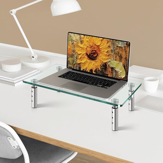 KKTONER GLASS Monitor Stand with Height Adjustable for Home Office 2 Pack Computer Monitor Riser PC Screen Riser for Desk Organzier Laptop