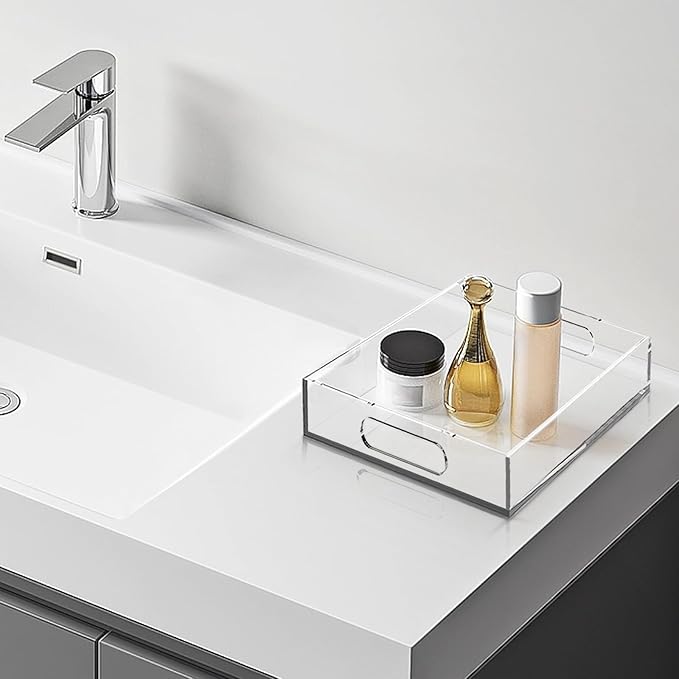 Acrylic Serving Tray with Handles - Lucite Organizer for Bench, Coffee Table, Countertop, Kitchen, Bathroom, Living Room, Powder Room