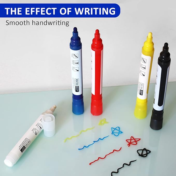 Glass Whiteboard Markers, Spray Magnetic Eraser & 2-in-1 Reversible Dual Tip - Bullet & Fine Point, Erasable Liquid Dry Erase Pens (4 Black 1 Blue 1 Red) for Acrylic Window Mirrors