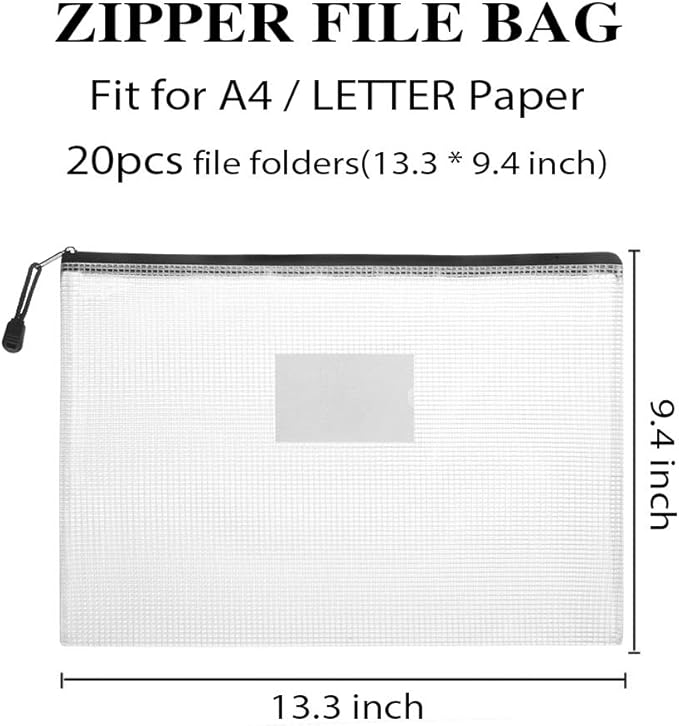 Sooez 20 Pack Mesh Zipper Pouch with Label Pocket, Plastic Zip File Folders, Letter Size A4 Zipper Document Bag for Teacher School Office Supplies, Classroom Organization, Board Game Storage,Black