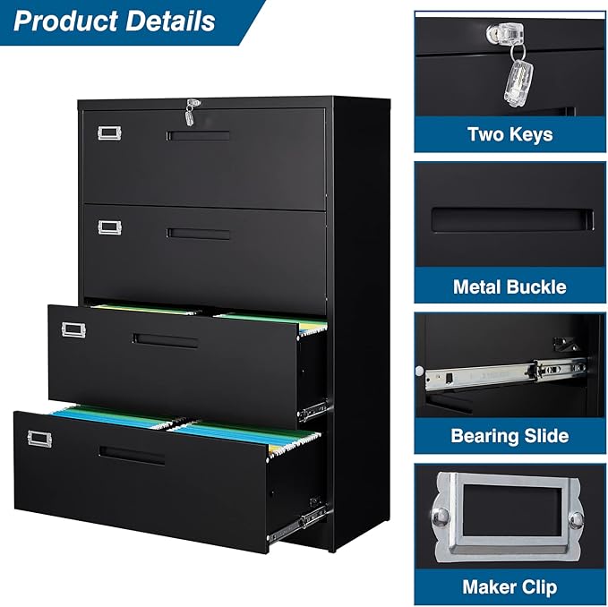 4 Drawer File Cabinet, Lateral Filing Cabinets for Home Office, Office Storage Drawers with Lock, Hanging Files Legal/Letter A4 Size (Assemble Required,Black)