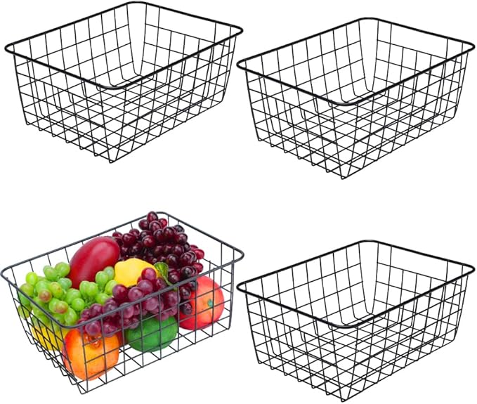 LeleCAT Wire Baskets with Handles, Wire Storage Organizer Baskets, Household Refrigerator for Cabinets, Pantry, Closets, Bedrooms - Set of 4(Black)