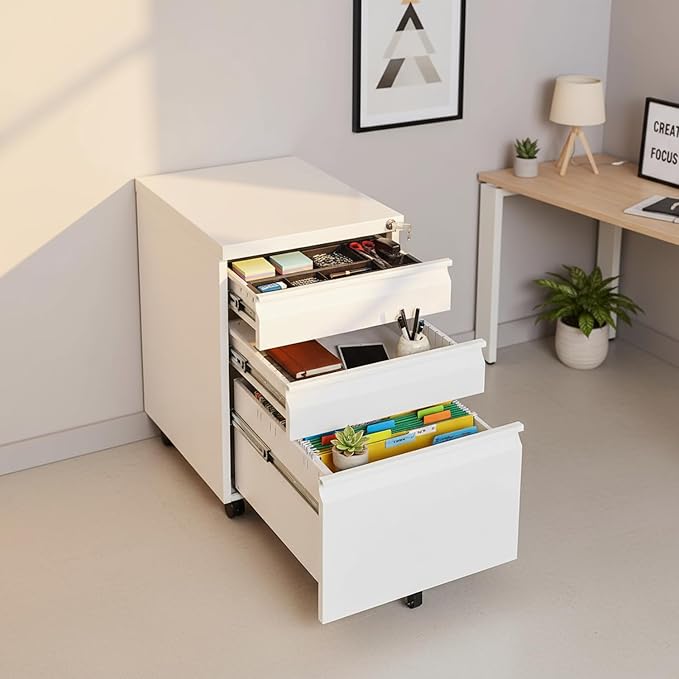 3-Drawer Metal Mobile File Cabinet with Lock, White Rolling Filing Cabinet for Letter/Legal/A4 Folders, Under-Desk Storage Organizer with Pencil Tray, 17.71" x 15.35" x 23.62" for Home & Office