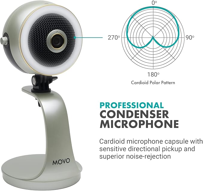 Movo WebMic HD Pro All-in-One Webcam with Mic and Ring Light in Silver- 1080p HD Camera, Pro Cardioid Condenser Microphone, LED Ring Light -HD Webcam for Streaming, Video Calls, Recording, Gaming