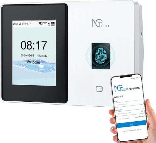 NGTeco Cloud Time Clock for Employees Small Business, Fingerprint+Card Time Clocks With Battery, 2.4G & 5G WiFi Times Clock Punch Machine with Remote Control Software & iOS/Android App (0 Monthly Fee)