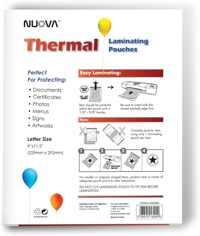 Nuova Premium Thermal Laminating Pouches, 9" x 11.5"/Letter Size/3 mil, 200 Pack (LP200H)