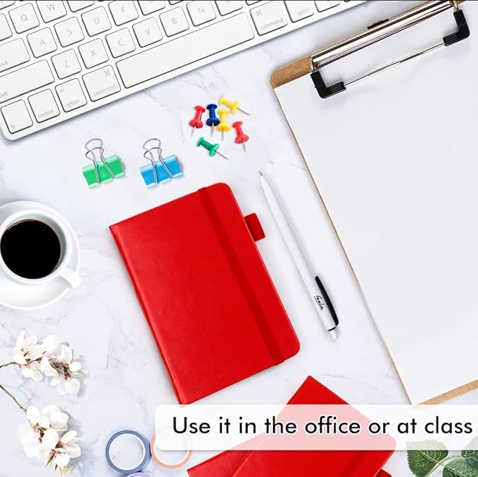 feela 6 Pack Pocket Mini Notebooks Bulk, Small Cute Memo Notepads Hardcover College Ruled Lined Journals with Pen Holder for School Business Work, with 6 Black Pens, 3.5”x 5.5”, A6, Red