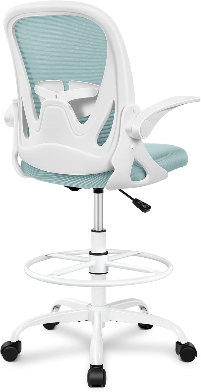 Primy Drafting Chair Tall Office Chair with Flip-up Armrests Executive Ergonomic Computer Standing Desk Chair with Lumbar Support and Adjustable Footrest Ring(Light Blue)