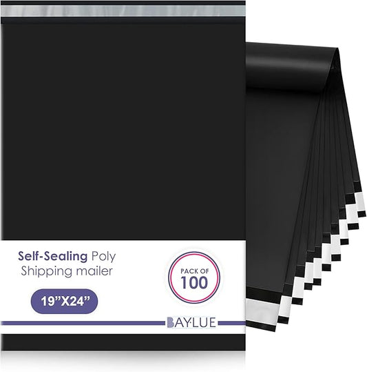 Black Large Poly Mailers 19x24 Inch | Strong Adhesive Self-Seal Mailer Bags | Tear, Tamper, Water Resistant Shipping Envelopes | Thick Strong polymailer Bags XL Clothing Shipping Bags | 100 Pcs Bulk