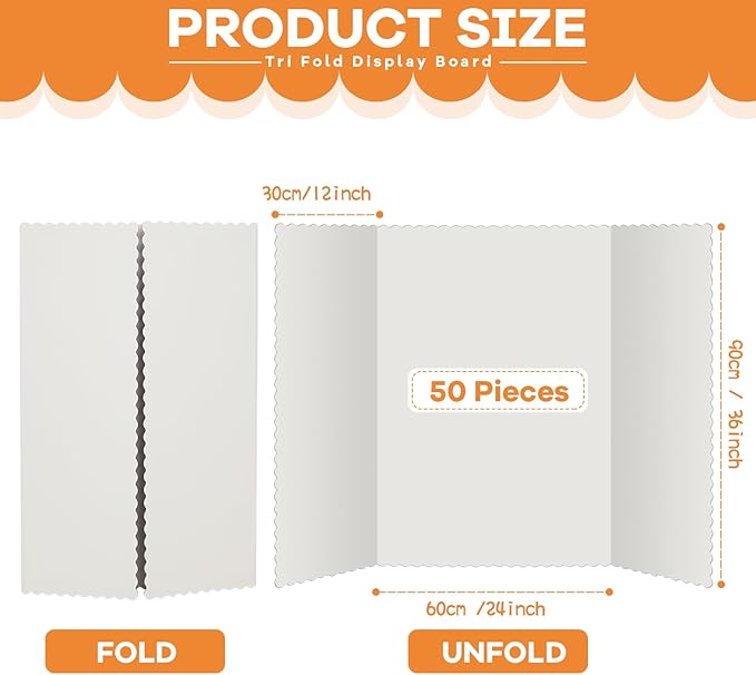 Ctosree 50 Pcs Tri Fold Display Board,36" x 48" Portable Lightweight Foldable Presentation Poster Board for Office Projects Exhibitions Workshops, White