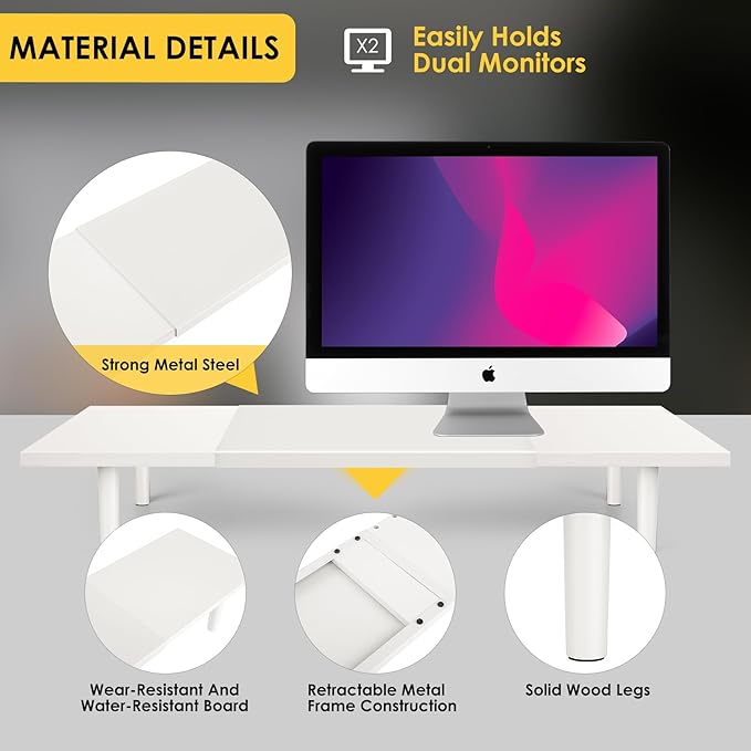 Dual-Monitor-Stand-Riser-For-Desk Adjustable Length 32-40 Inch,Large Desktop Computer Monitor Riser For 2 Screens,Desk Shelf Organizer Riser Stand For Computer/Laptop/PC/Printer/TV White