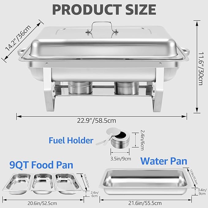 4 pack Chafing Dishes for Buffet of Stainless Steel Food Warmers for Parties 9 QT Chafers and Buffet Warmers Sets with 1/3 size pan Commercial Catering Chafers for Event Party