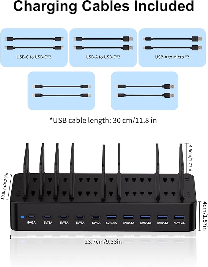 100W Charging Station for Multiple Devices, 10-Port USB Fast Charging Station with Adjustable Dividers & 10 Cables- Multi Device Organizer Charging Dock for iPhone, iPad, Tablets & More