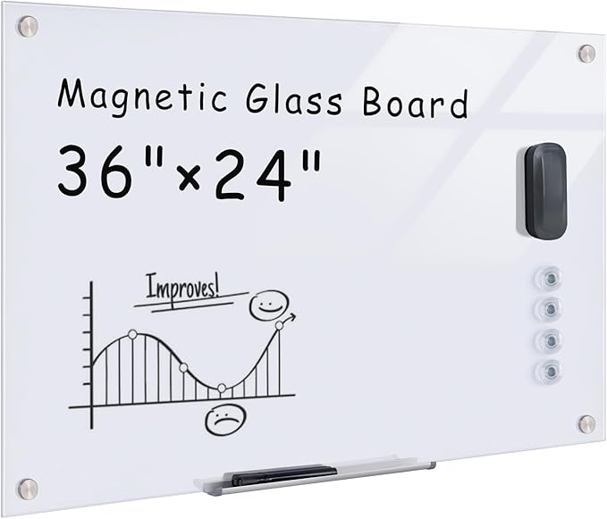 Magnetic Glass Whiteboard,36"x24" Wall Mounted Frameless Dry Erase Board for Office, Home & School Ultra White
