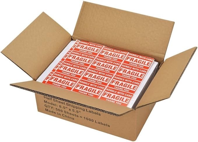 MFLABEL Half Sheet Shipping Labels 2-Pack (1000 Labels) - 8.5"x5.5" Round Corner for Laser/Inkjet Compatible Labels/Free Fragile Stickers