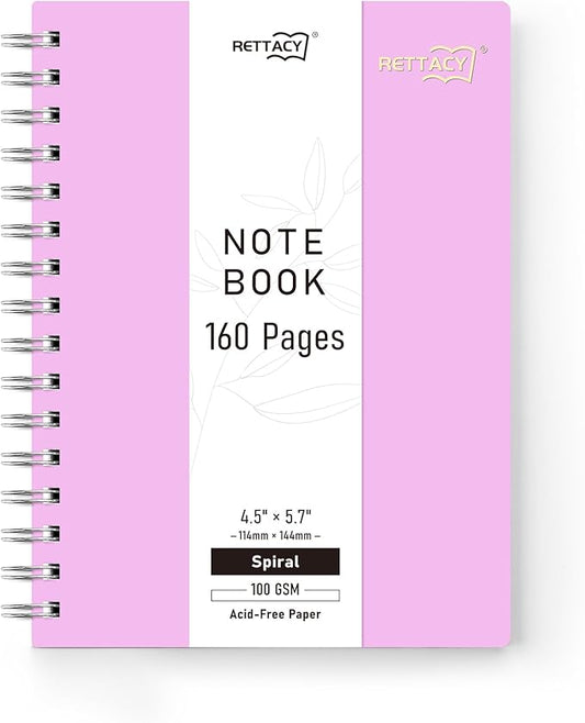 RETTACY Pocket Journal Notebook, 160 Lined Pages, A6 Mini Small Size (4.5" × 5.7"), for Work, Journaling, Writing, 100 GSM Thick Paper, Spiral-bound, Flexible Plastic Cover (Lilac)