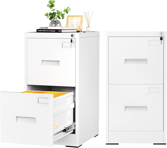 INTERGREAT 2 Drawers File Cabinet with Lock, 18" D Metal White Vertical Filing Cabinet for Hanging Folders, Easy Assemble