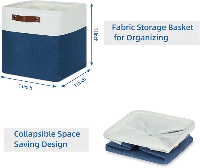 Temary Fabric Storage Cubes 11x11 Cube Storage Bins 4Pack Blue Storage Baskets for Organizing Home, Closet, Empty Gift Baskets with Handles (White&Blue)