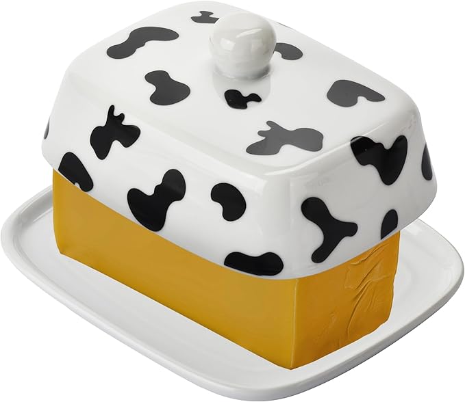 Large Butter Dish with Lid for Countertop,Cow Ceramic Butter Container with Knife Airtight Cover,Butter Keeper for Kitchen Counter or Fridge,Butter Holder Storage,Farmhouse Decor (White)