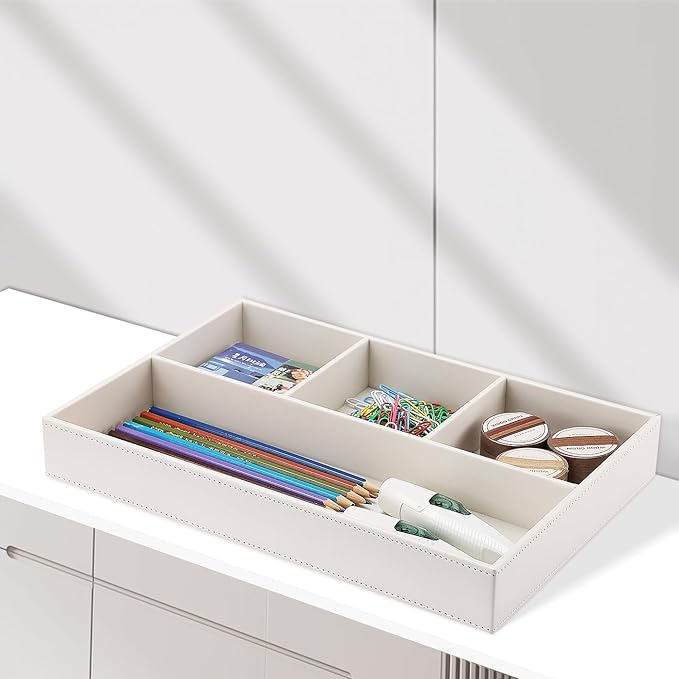 KINGFOM PU Leather Desk Drawer Organizer, 4 Compartment Office Supplies Stationery Storage Tray, Desk Organizers and Accessories Drawer Organizer Tray for Home, Makeup, Jewelry Stackable White